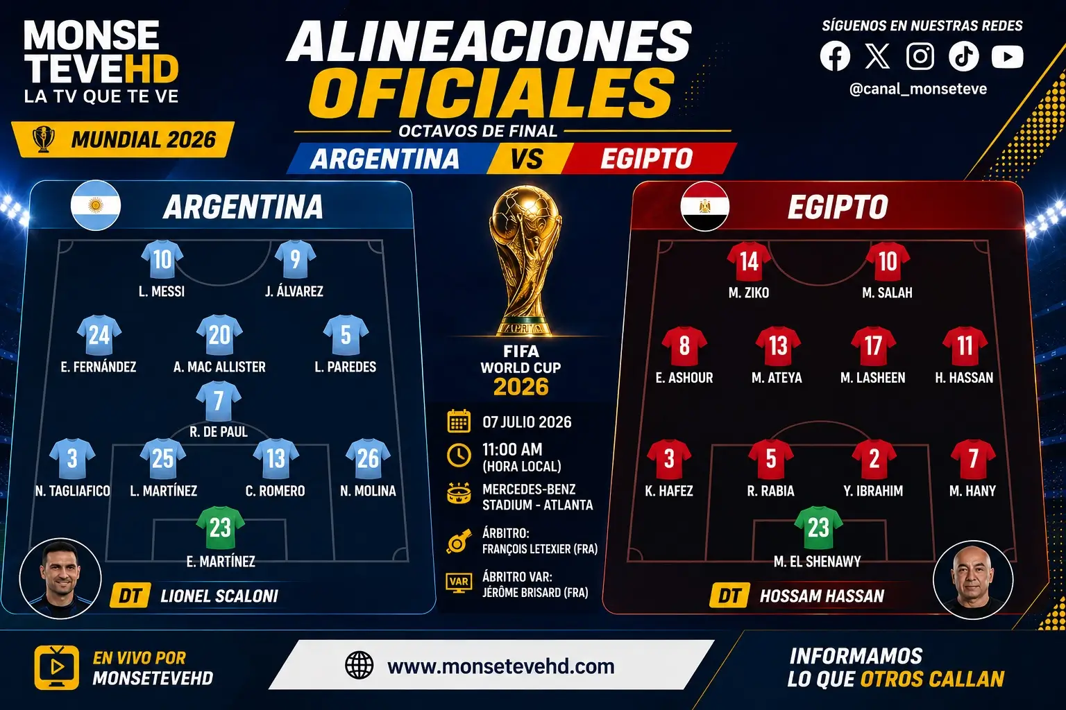 Argentina vs Egipto: alineaciones oficiales del Mundial 2026